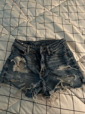 American Eagle Outfitters Blue Distressed High-Rise Denim Shorts